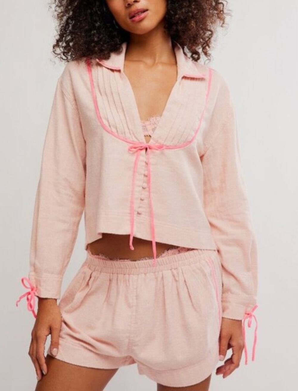 Free People Intimately Close To Home Flannel Pajama Shorts Set Neon Peach S NWT